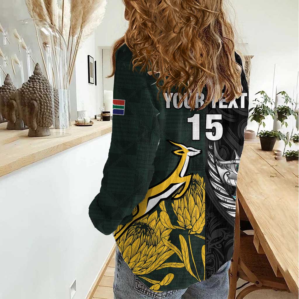 New Zealand and South Africa Rugby Custom Women Casual Shirt Silver Fern With Springboks