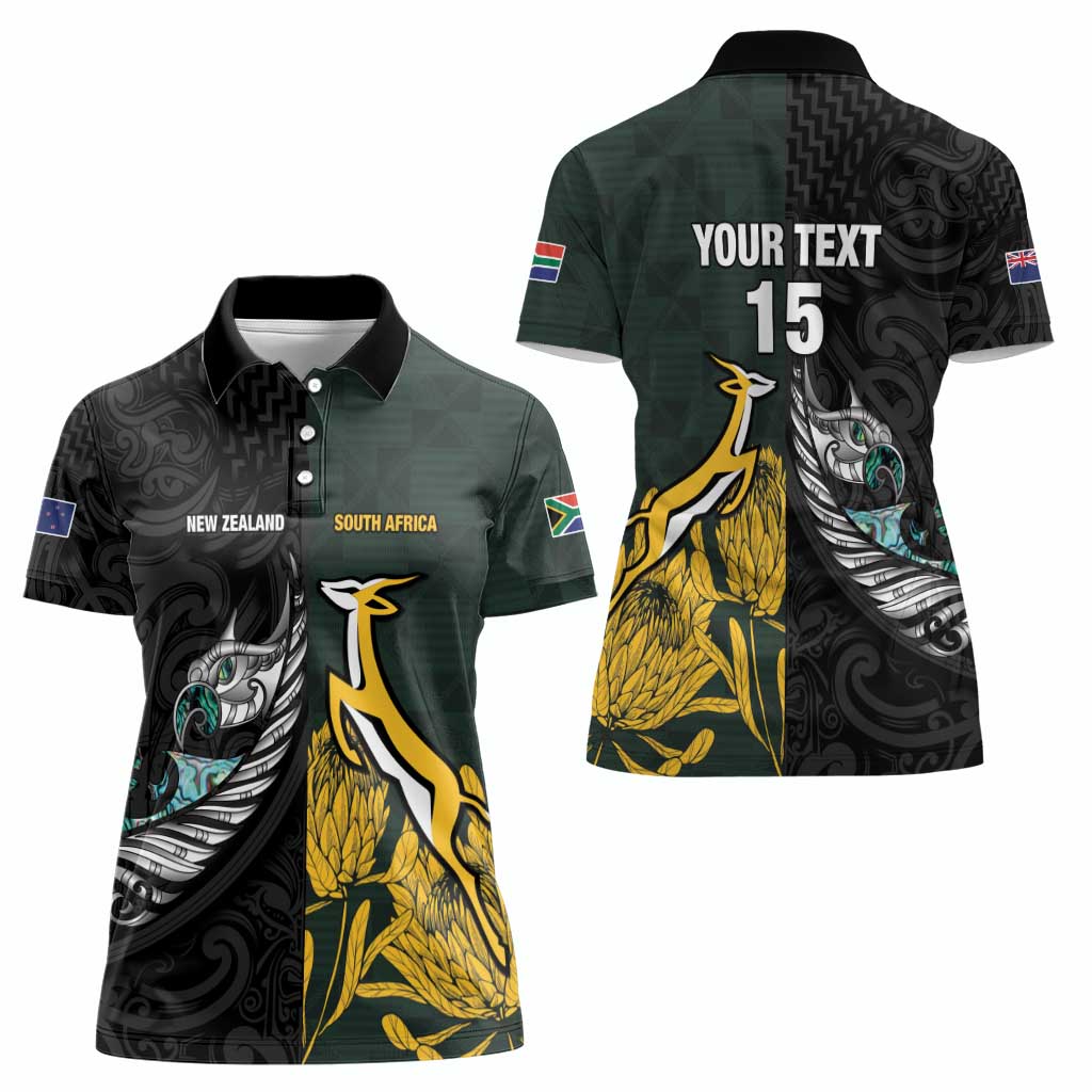New Zealand and South Africa Rugby Custom Women Polo Shirt Silver Fern With Springboks