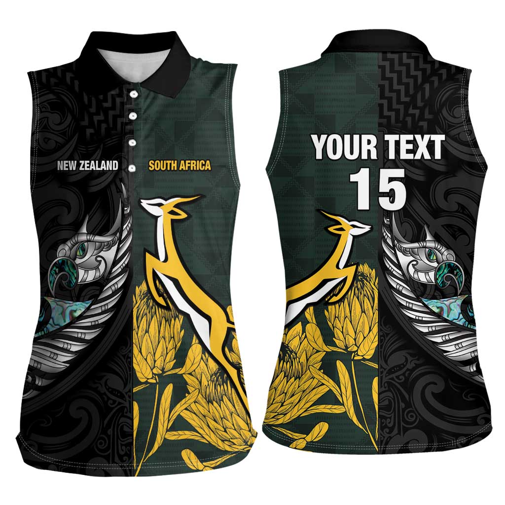 New Zealand and South Africa Rugby Custom Women Sleeveless Polo Shirt Silver Fern With Springboks