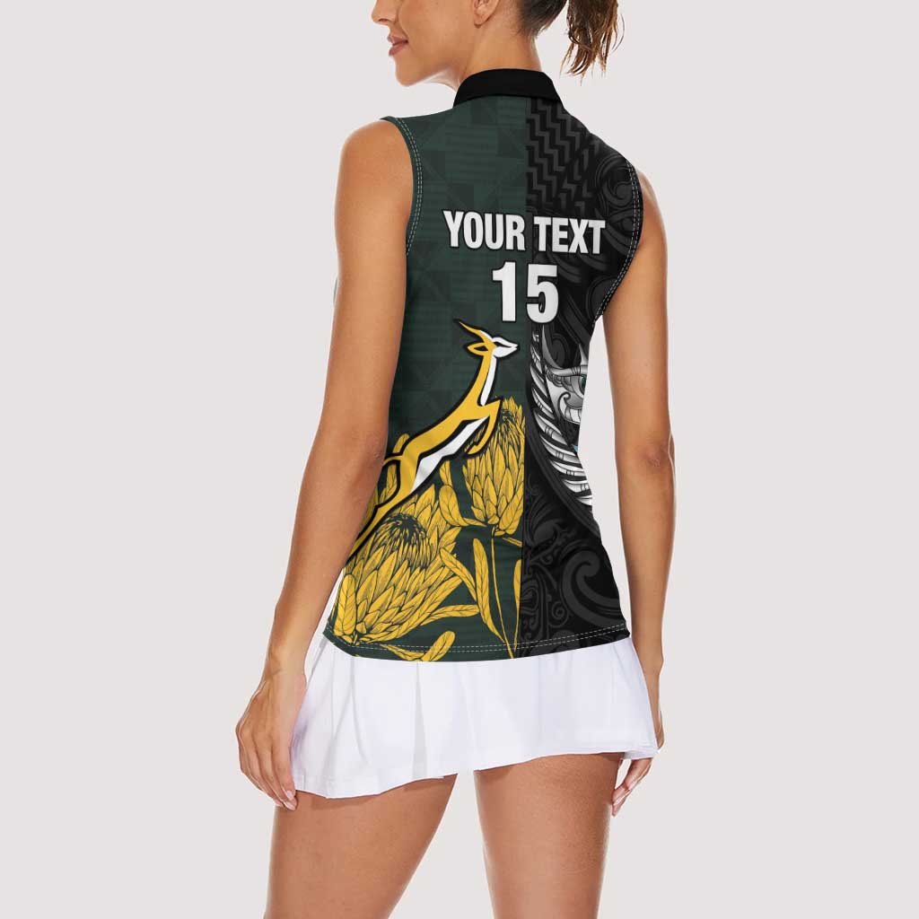 New Zealand and South Africa Rugby Custom Women Sleeveless Polo Shirt Silver Fern With Springboks