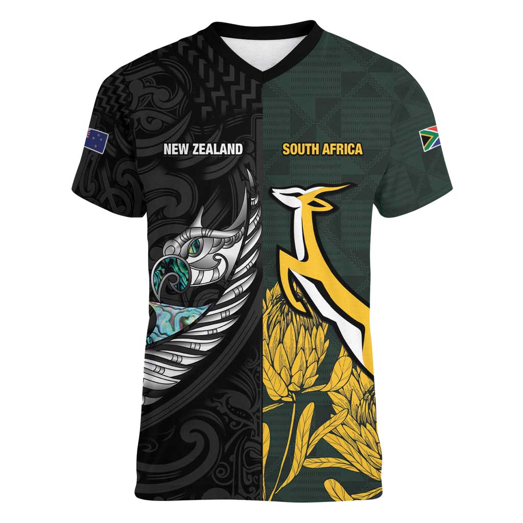 New Zealand and South Africa Rugby Custom Women V-Neck T-Shirt Silver Fern With Springboks