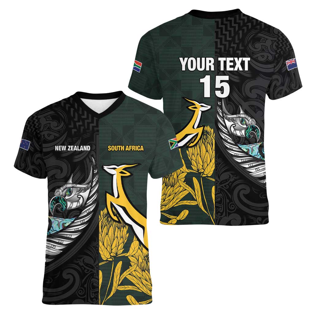New Zealand and South Africa Rugby Custom Women V-Neck T-Shirt Silver Fern With Springboks