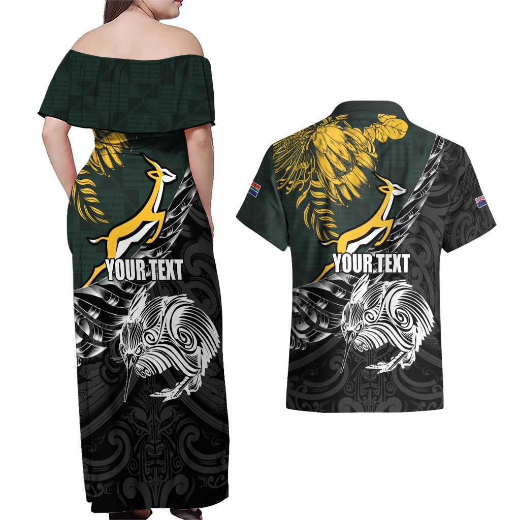 New Zealand and South Africa Rugby Personalised Couples Matching Off Shoulder Maxi Dress and Hawaiian Shirt Maori Kiwi With Springboks