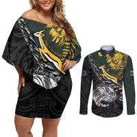 New Zealand and South Africa Rugby Personalised Couples Matching Off Shoulder Short Dress and Long Sleeve Button Shirt Maori Kiwi With Springboks