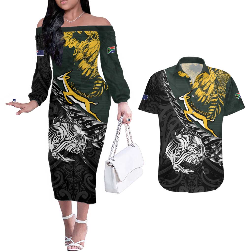 New Zealand and South Africa Rugby Personalised Couples Matching Off The Shoulder Long Sleeve Dress and Hawaiian Shirt Maori Kiwi With Springboks