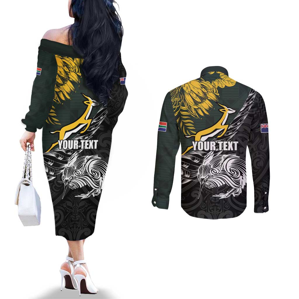 New Zealand and South Africa Rugby Personalised Couples Matching Off The Shoulder Long Sleeve Dress and Long Sleeve Button Shirt Maori Kiwi With Springboks