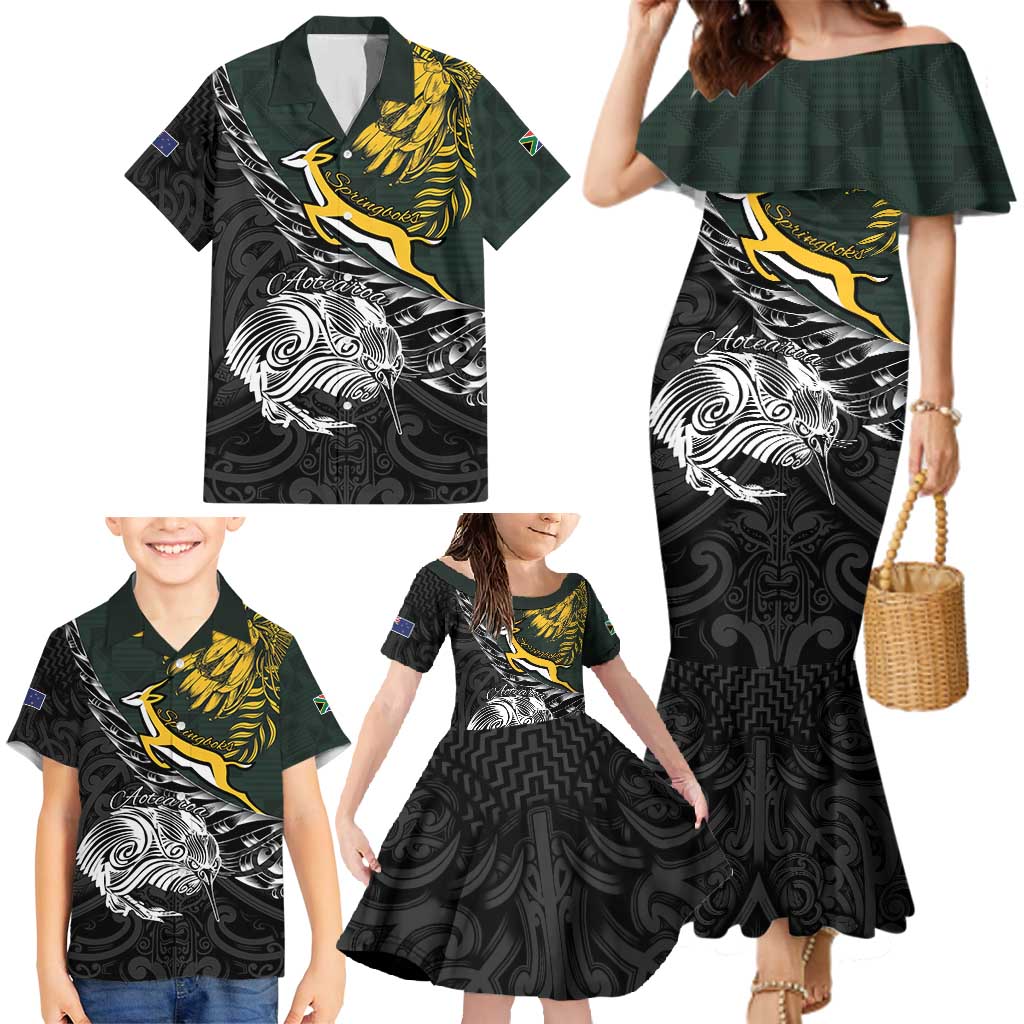 New Zealand and South Africa Rugby Personalised Family Matching Mermaid Dress and Hawaiian Shirt Maori Kiwi With Springboks