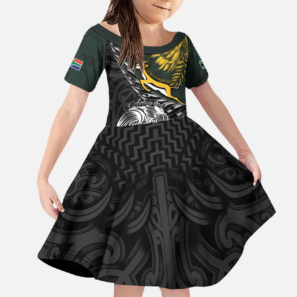 New Zealand and South Africa Rugby Personalised Family Matching Off Shoulder Maxi Dress and Hawaiian Shirt Maori Kiwi With Springboks