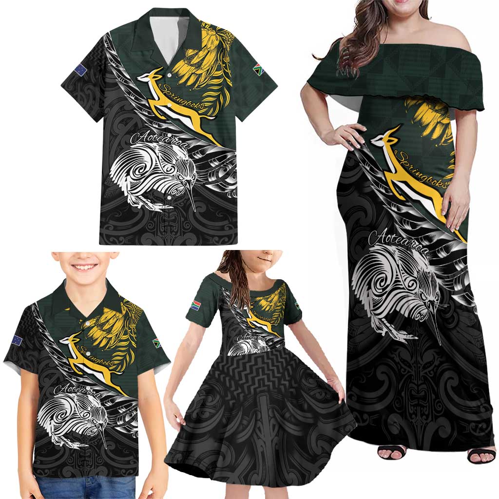 New Zealand and South Africa Rugby Personalised Family Matching Off Shoulder Maxi Dress and Hawaiian Shirt Maori Kiwi With Springboks