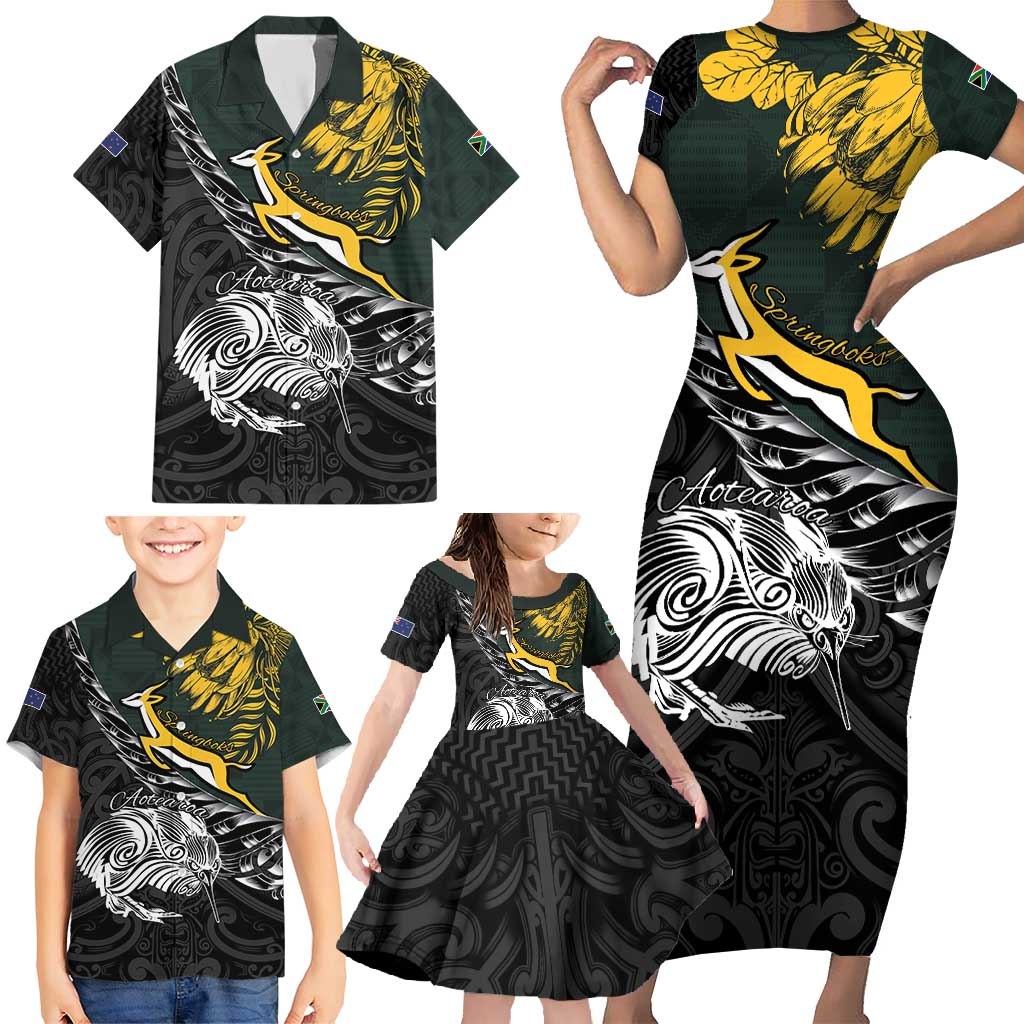 New Zealand and South Africa Rugby Personalised Family Matching Short Sleeve Bodycon Dress and Hawaiian Shirt Maori Kiwi With Springboks