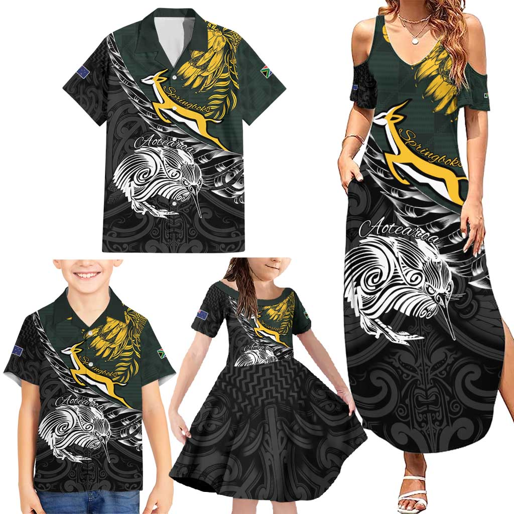 New Zealand and South Africa Rugby Personalised Family Matching Summer Maxi Dress and Hawaiian Shirt Maori Kiwi With Springboks