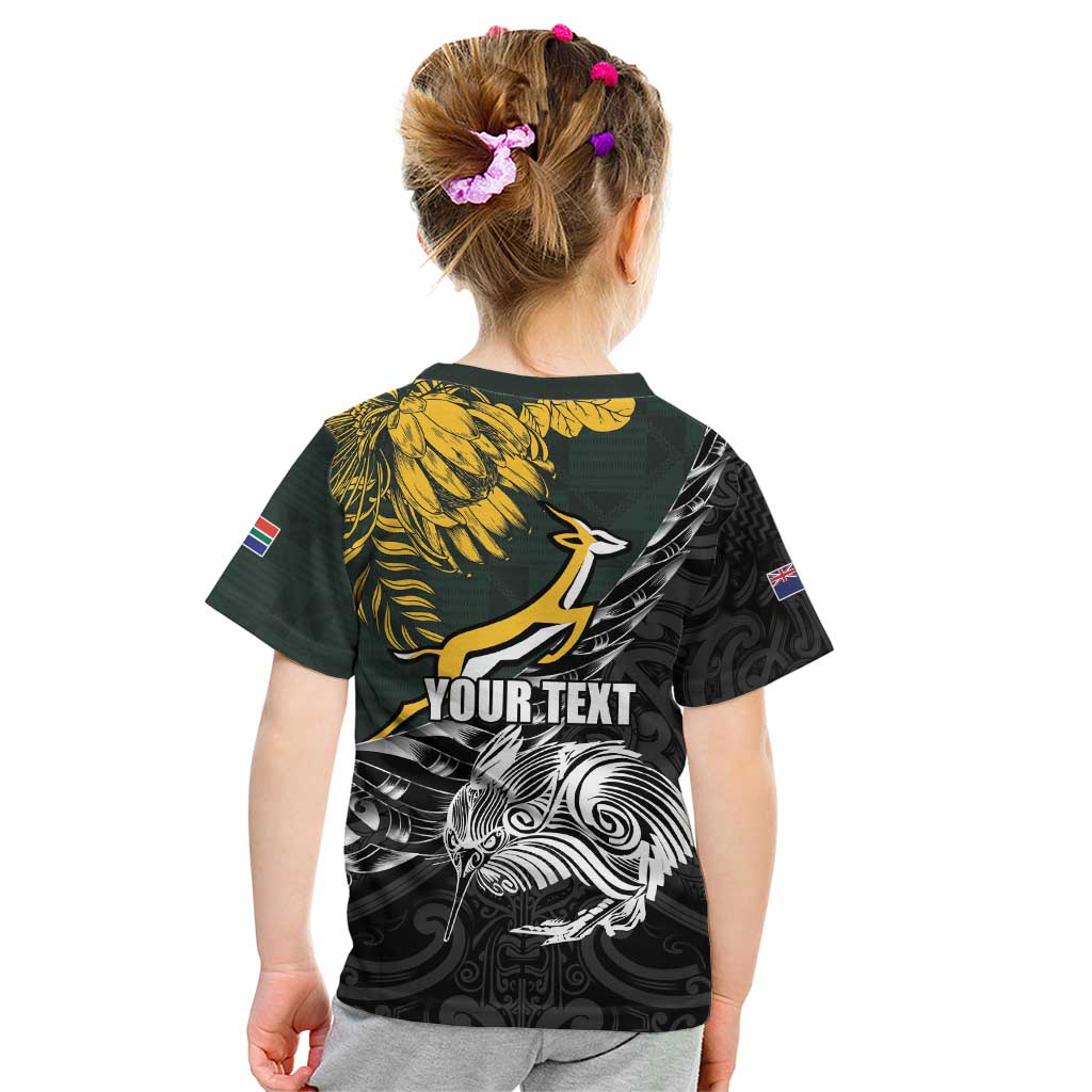 New Zealand and South Africa Rugby Personalised Kid T Shirt Maori Kiwi With Springboks