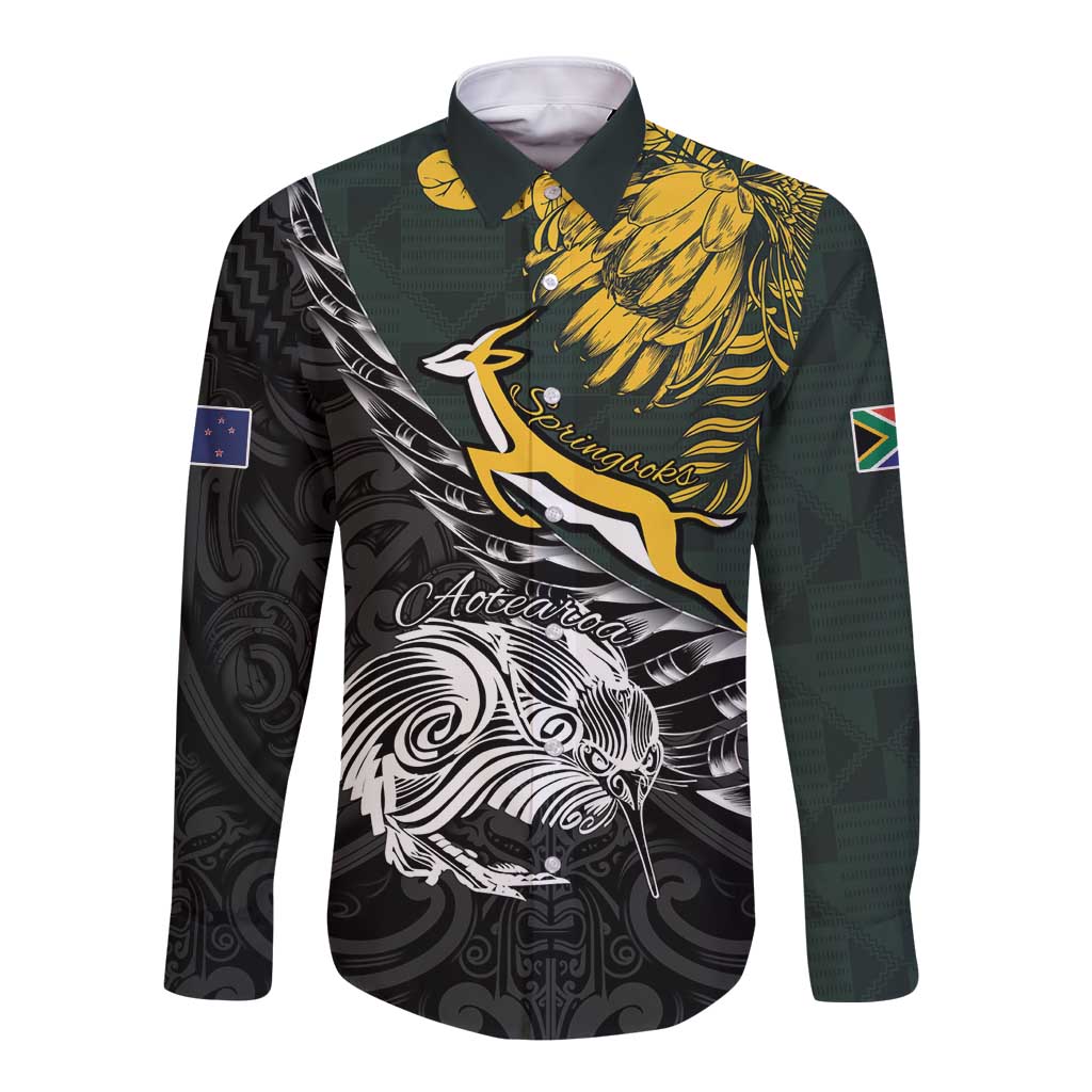 New Zealand and South Africa Rugby Personalised Long Sleeve Button Shirt Maori Kiwi With Springboks
