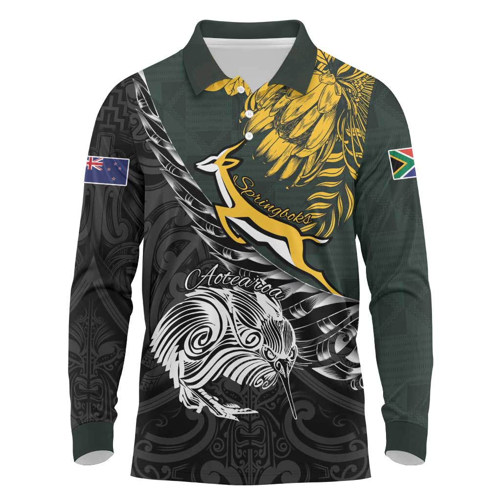New Zealand and South Africa Rugby Personalised Long Sleeve Polo Shirt Maori Kiwi With Springboks