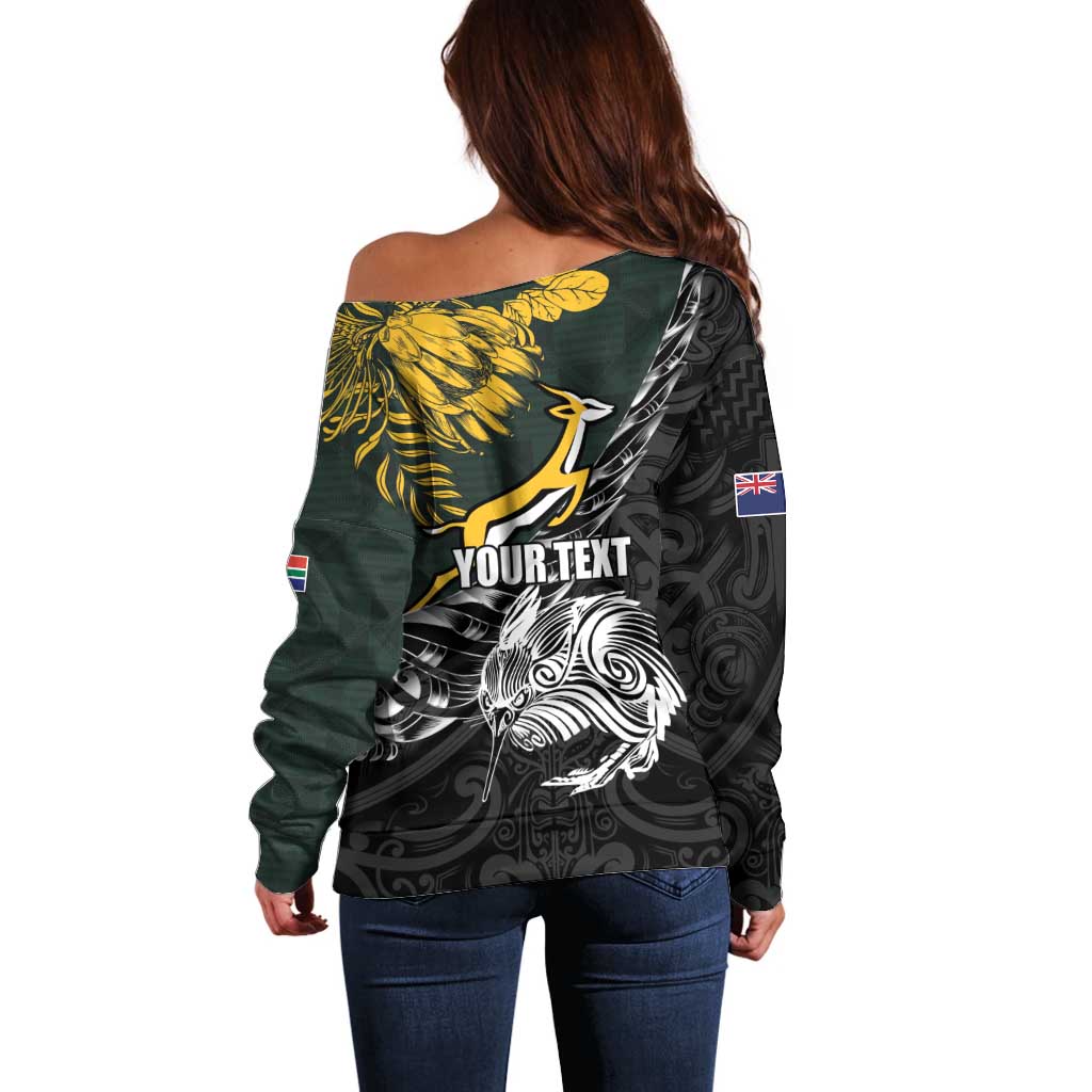 New Zealand and South Africa Rugby Personalised Off Shoulder Sweater Maori Kiwi With Springboks