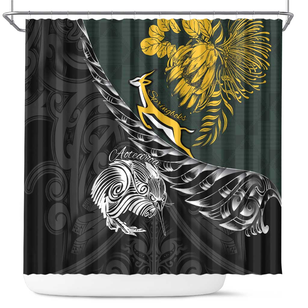New Zealand and South Africa Rugby Shower Curtain Maori Kiwi With Springboks