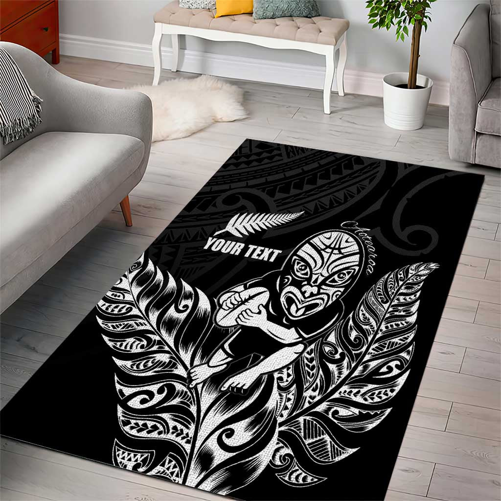 New Zealand Silver Fern Rugby Custom Area Rug Maori Tiki Black Version