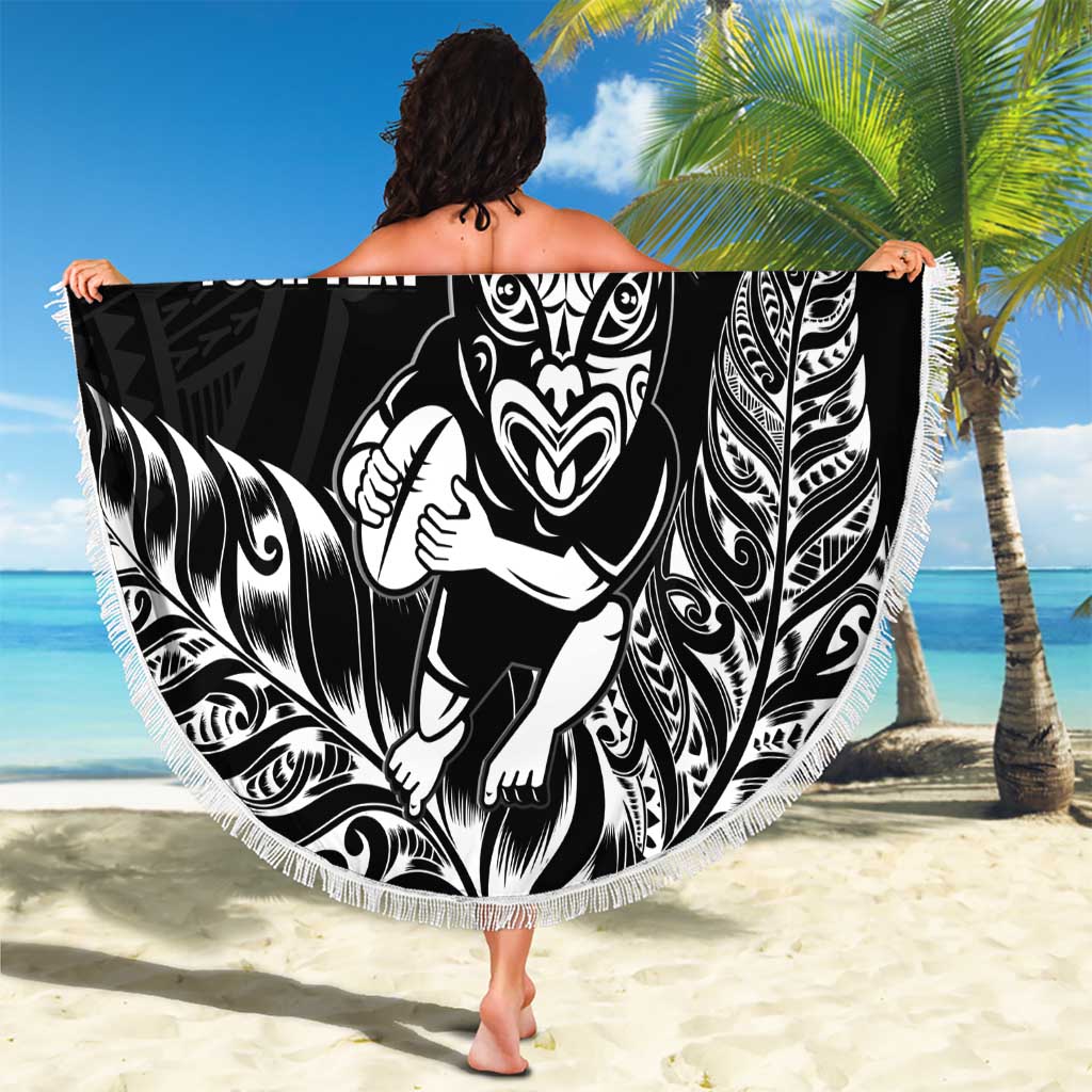 New Zealand Silver Fern Rugby Custom Beach Blanket Maori Tiki Black Version