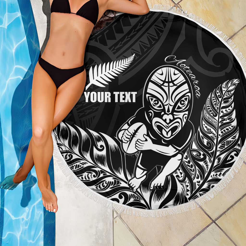 New Zealand Silver Fern Rugby Custom Beach Blanket Maori Tiki Black Version