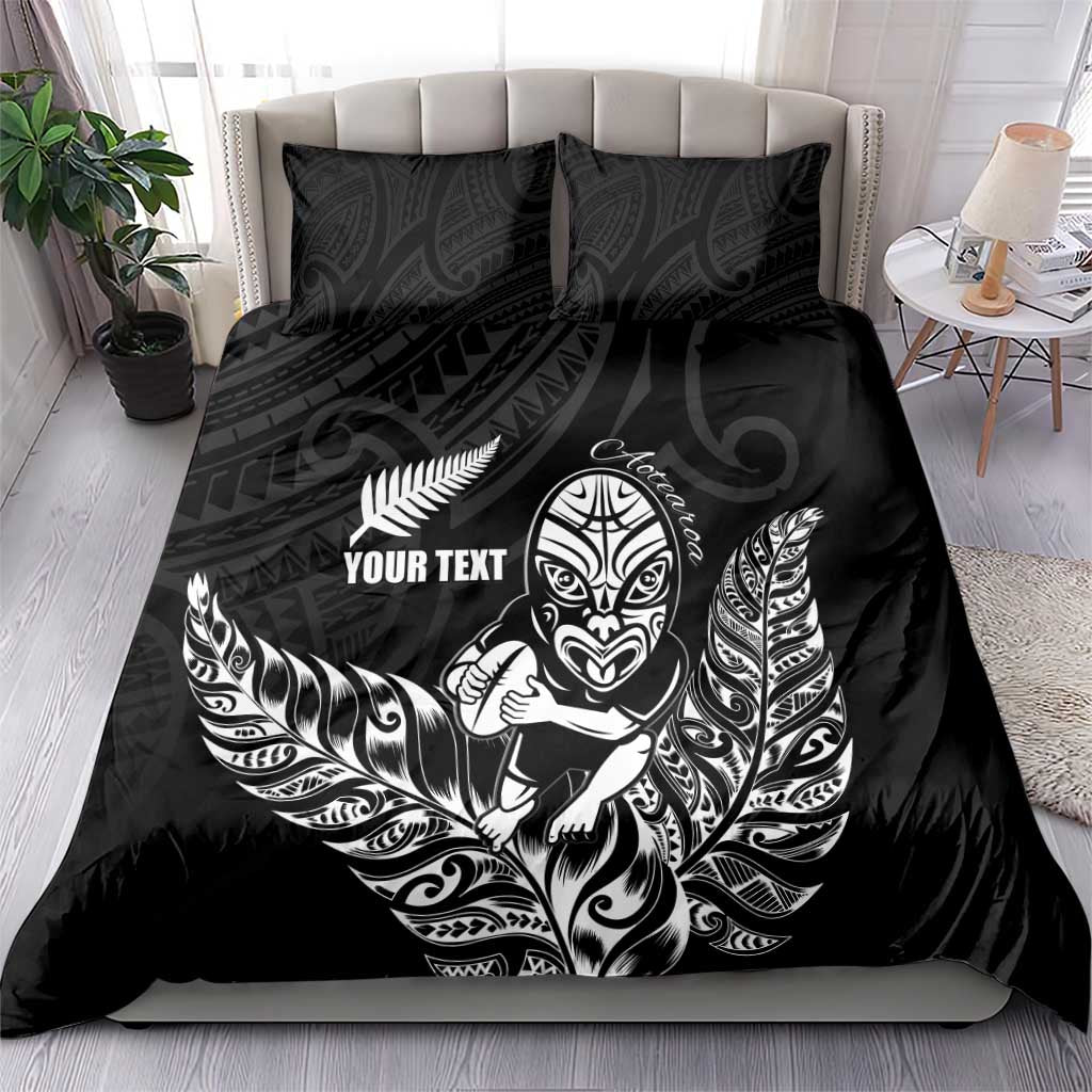 New Zealand Silver Fern Rugby Custom Bedding Set Maori Tiki Black Version