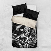 New Zealand Silver Fern Rugby Custom Bedding Set Maori Tiki Black Version