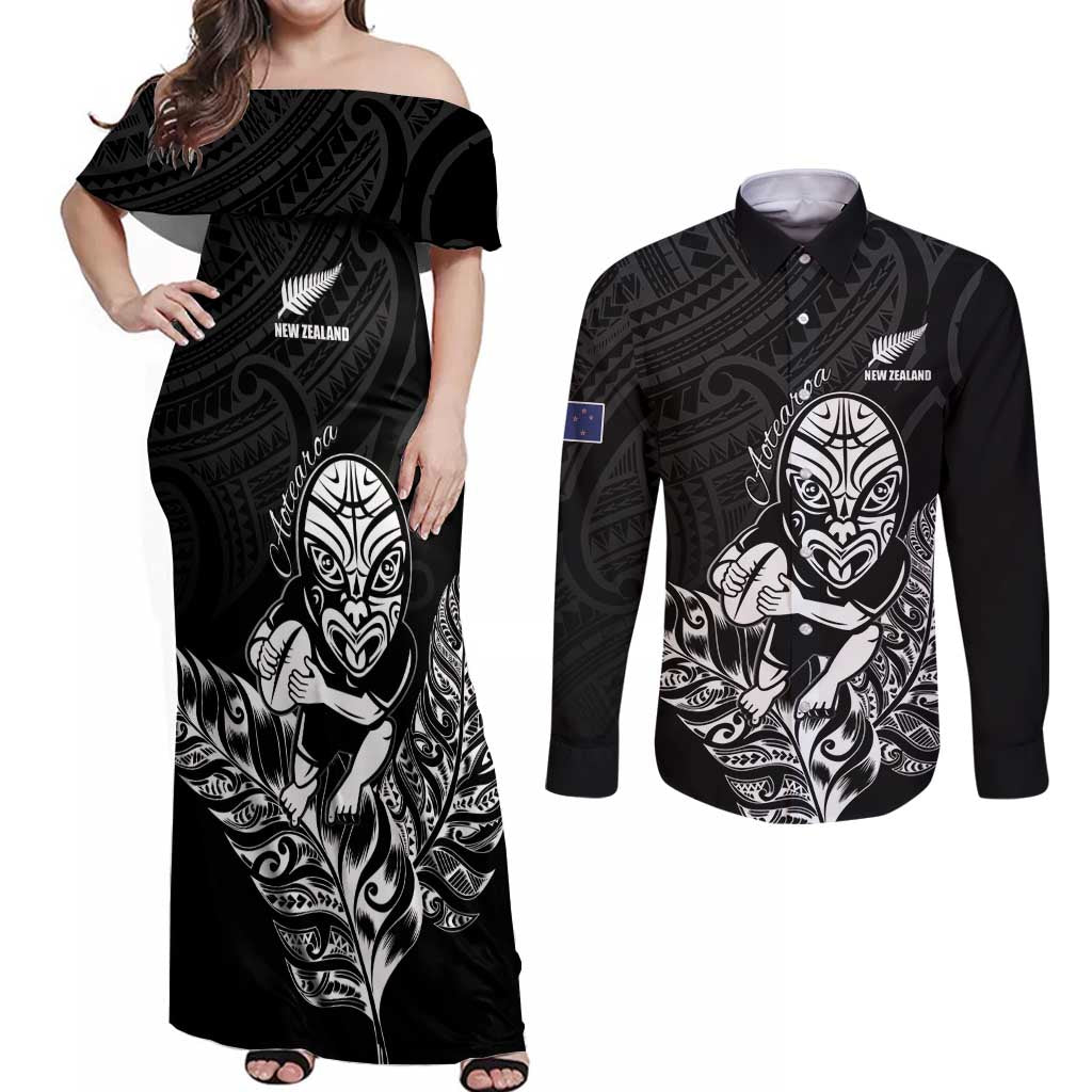 New Zealand Silver Fern Rugby Custom Couples Matching Off Shoulder Maxi Dress and Long Sleeve Button Shirt Maori Tiki Black Version