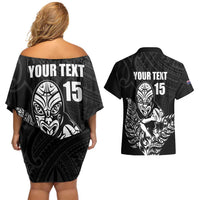 New Zealand Silver Fern Rugby Custom Couples Matching Off Shoulder Short Dress and Hawaiian Shirt Maori Tiki Black Version