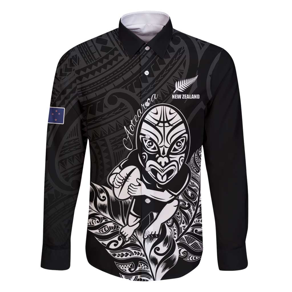 New Zealand Silver Fern Rugby Custom Family Matching Long Sleeve Bodycon Dress and Hawaiian Shirt Maori Tiki Black Version
