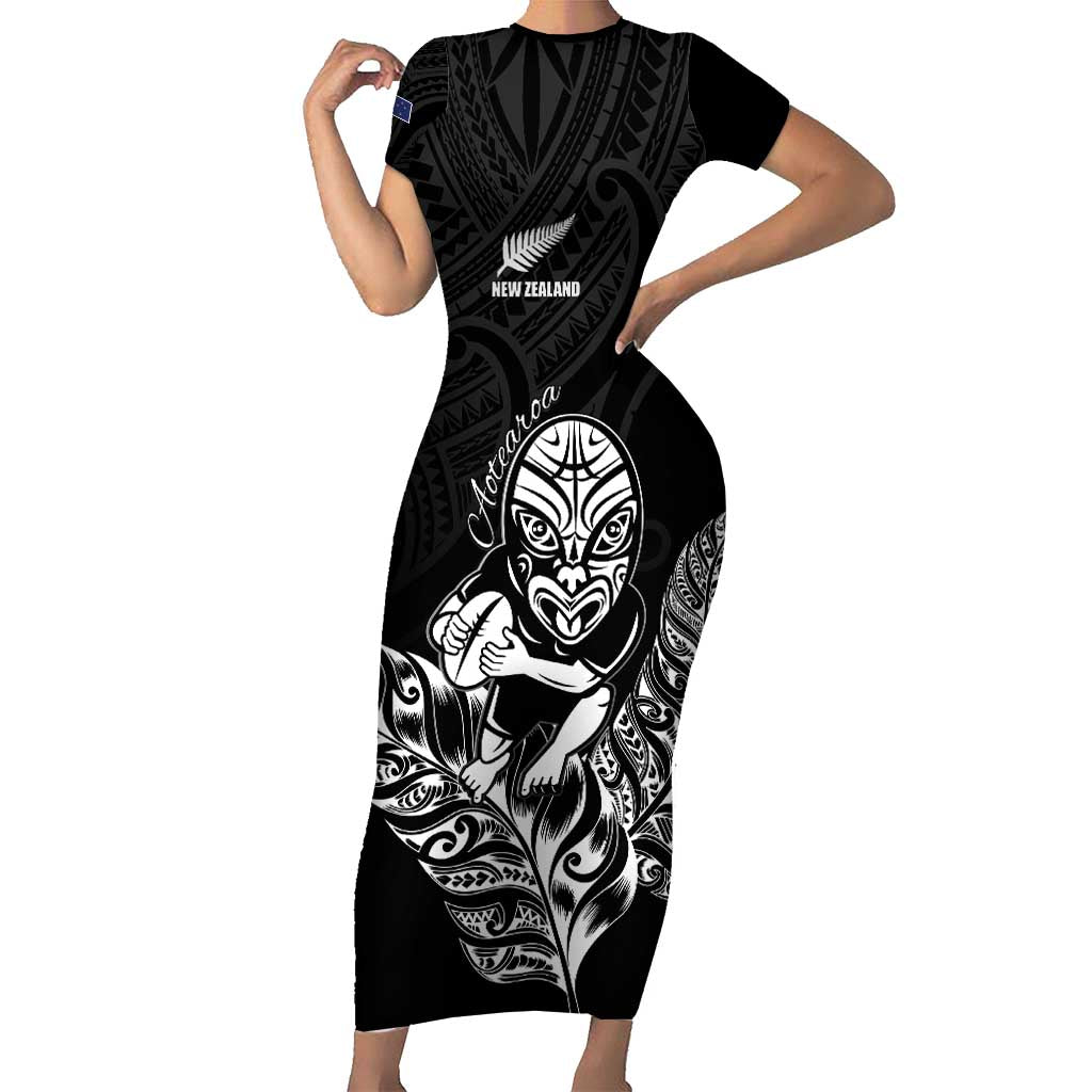 New Zealand Silver Fern Rugby Custom Family Matching Short Sleeve Bodycon Dress and Hawaiian Shirt Maori Tiki Black Version