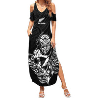New Zealand Silver Fern Rugby Custom Family Matching Summer Maxi Dress and Hawaiian Shirt Maori Tiki Black Version
