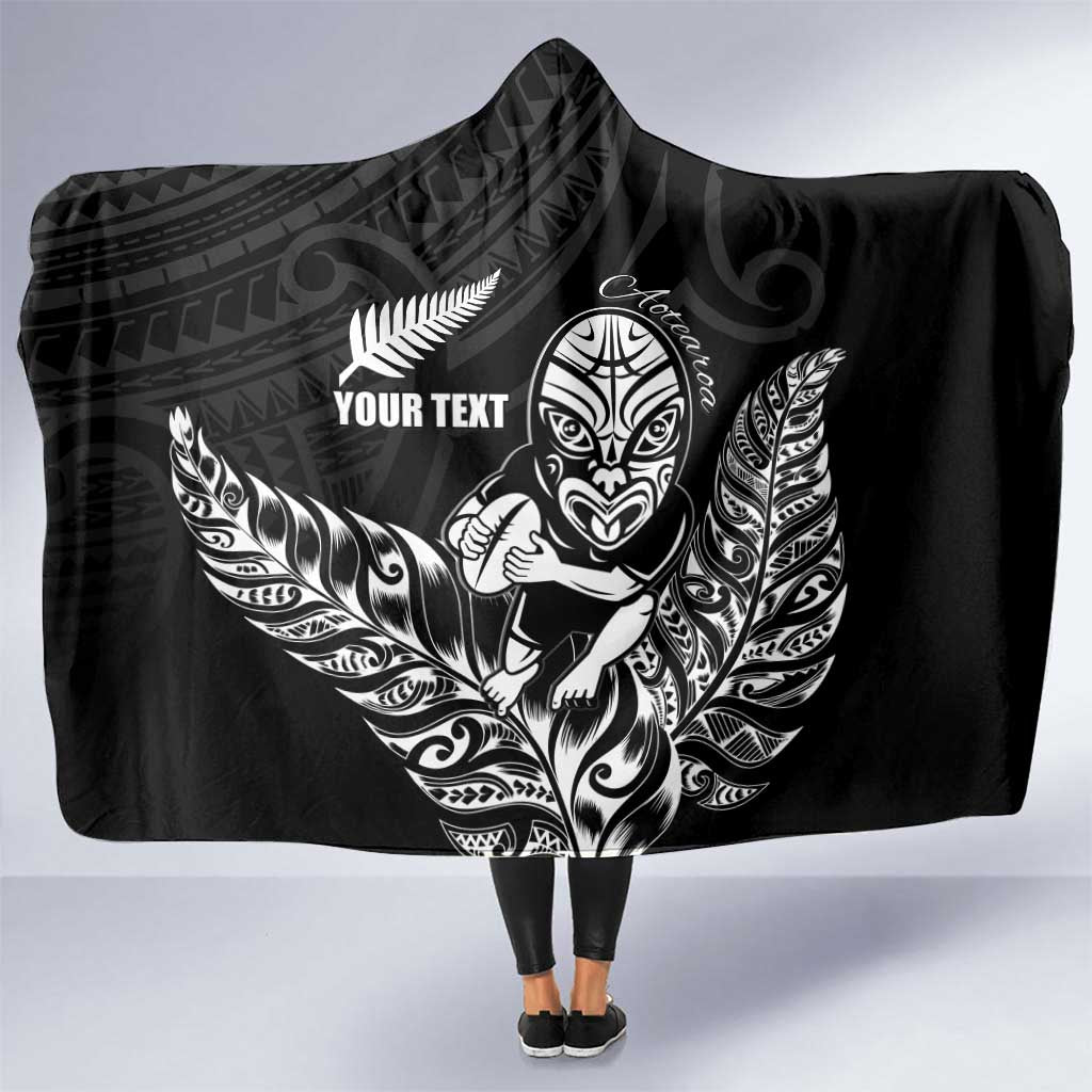 New Zealand Silver Fern Rugby Custom Hooded Blanket Maori Tiki Black Version
