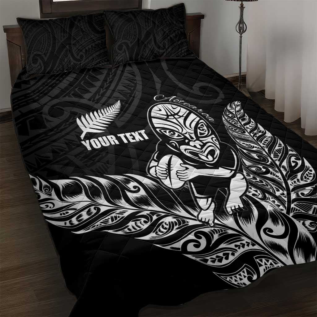 New Zealand Silver Fern Rugby Custom Quilt Bed Set Maori Tiki Black Version