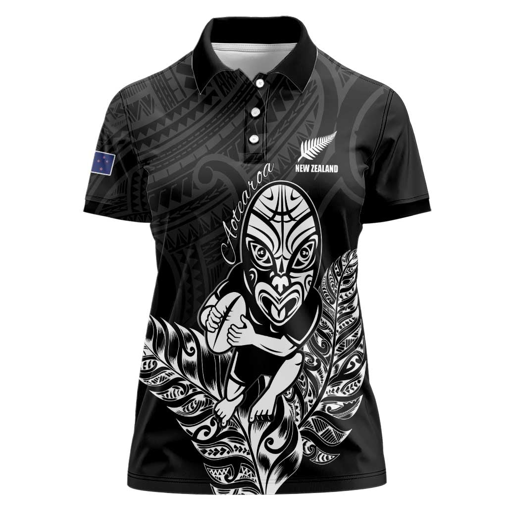 New Zealand Silver Fern Rugby Custom Women Polo Shirt Maori Tiki Black Version