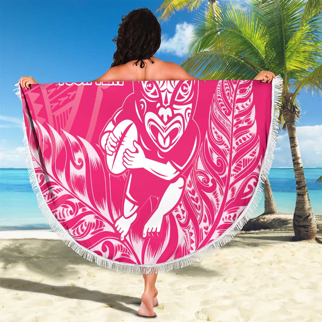New Zealand Silver Fern Rugby Custom Beach Blanket Maori Tiki Pink Version