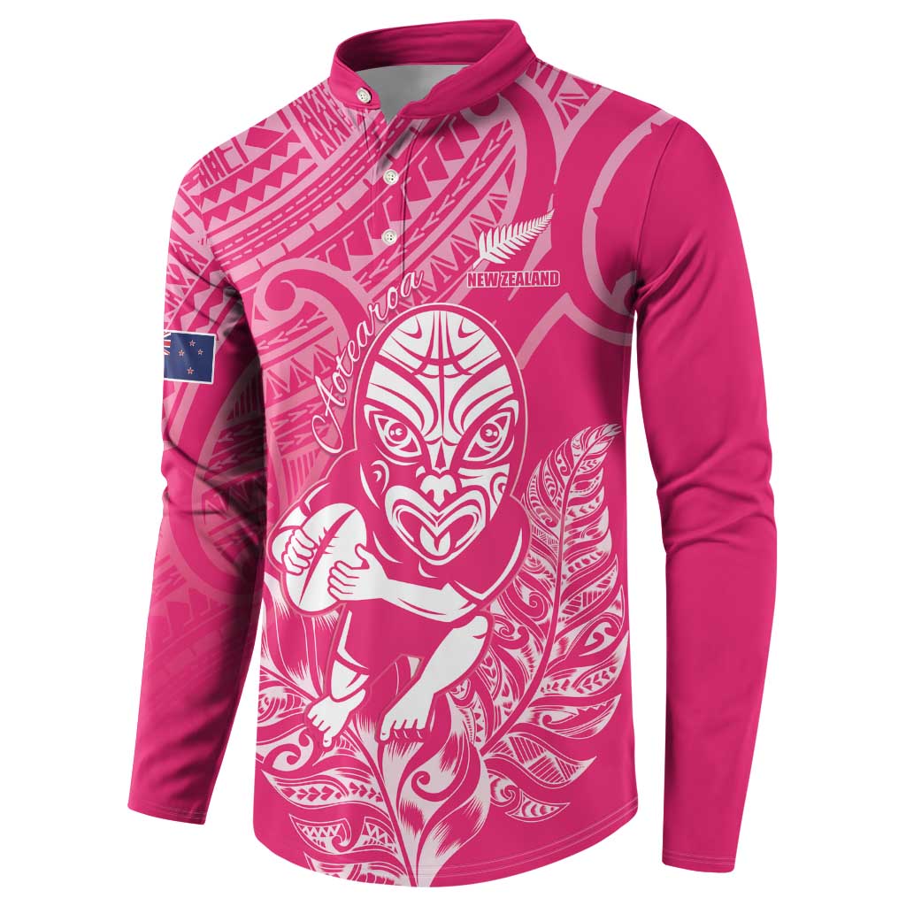 New Zealand Silver Fern Rugby Custom Button Sweatshirt Maori Tiki Pink Version