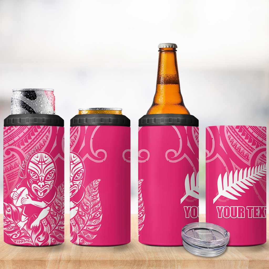New Zealand Silver Fern Rugby Custom 4 in 1 Can Cooler Tumbler Maori Tiki Pink Version