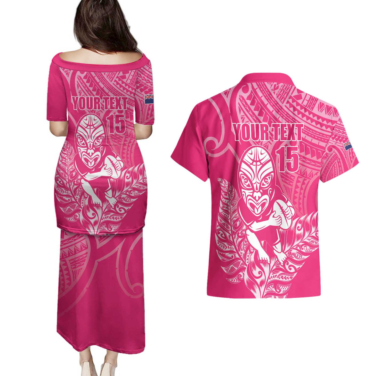 New Zealand Silver Fern Rugby Custom Couples Matching Puletasi and Hawaiian Shirt Maori Tiki Pink Version