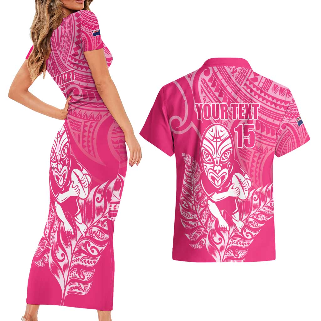 New Zealand Silver Fern Rugby Custom Couples Matching Short Sleeve Bodycon Dress and Hawaiian Shirt Maori Tiki Pink Version