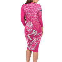 New Zealand Silver Fern Rugby Custom Family Matching Long Sleeve Bodycon Dress and Hawaiian Shirt Maori Tiki Pink Version