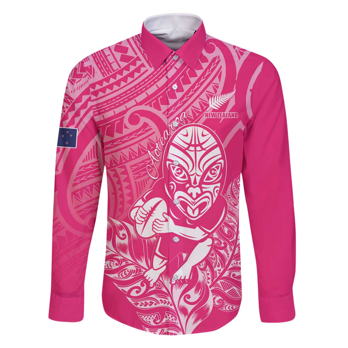New Zealand Silver Fern Rugby Custom Family Matching Off The Shoulder Long Sleeve Dress and Hawaiian Shirt Maori Tiki Pink Version