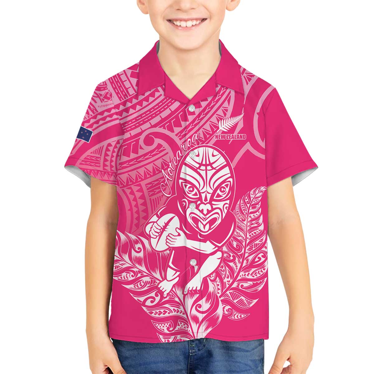 New Zealand Silver Fern Rugby Custom Family Matching Off The Shoulder Long Sleeve Dress and Hawaiian Shirt Maori Tiki Pink Version