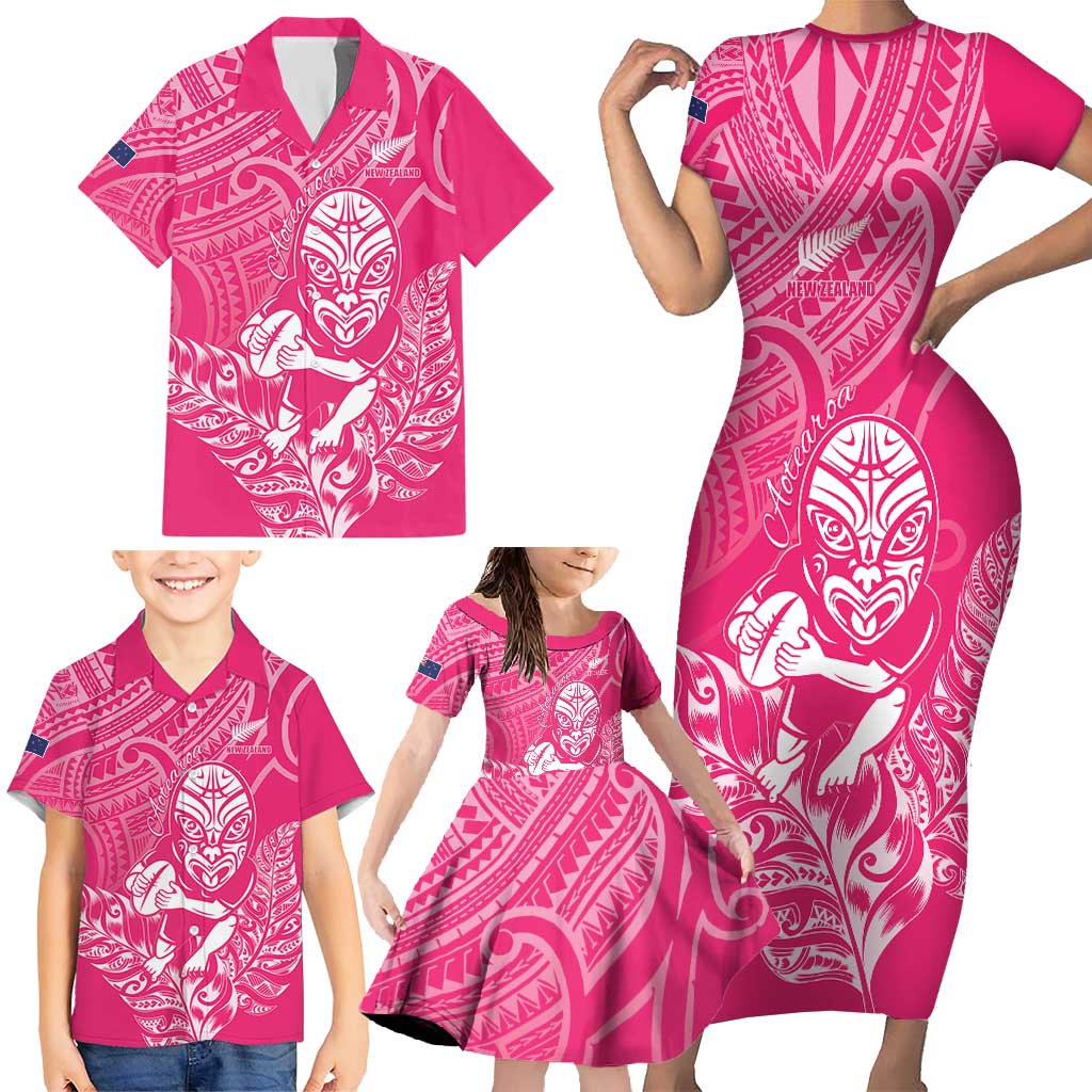 New Zealand Silver Fern Rugby Custom Family Matching Short Sleeve Bodycon Dress and Hawaiian Shirt Maori Tiki Pink Version