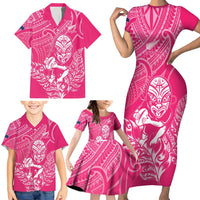 New Zealand Silver Fern Rugby Custom Family Matching Short Sleeve Bodycon Dress and Hawaiian Shirt Maori Tiki Pink Version