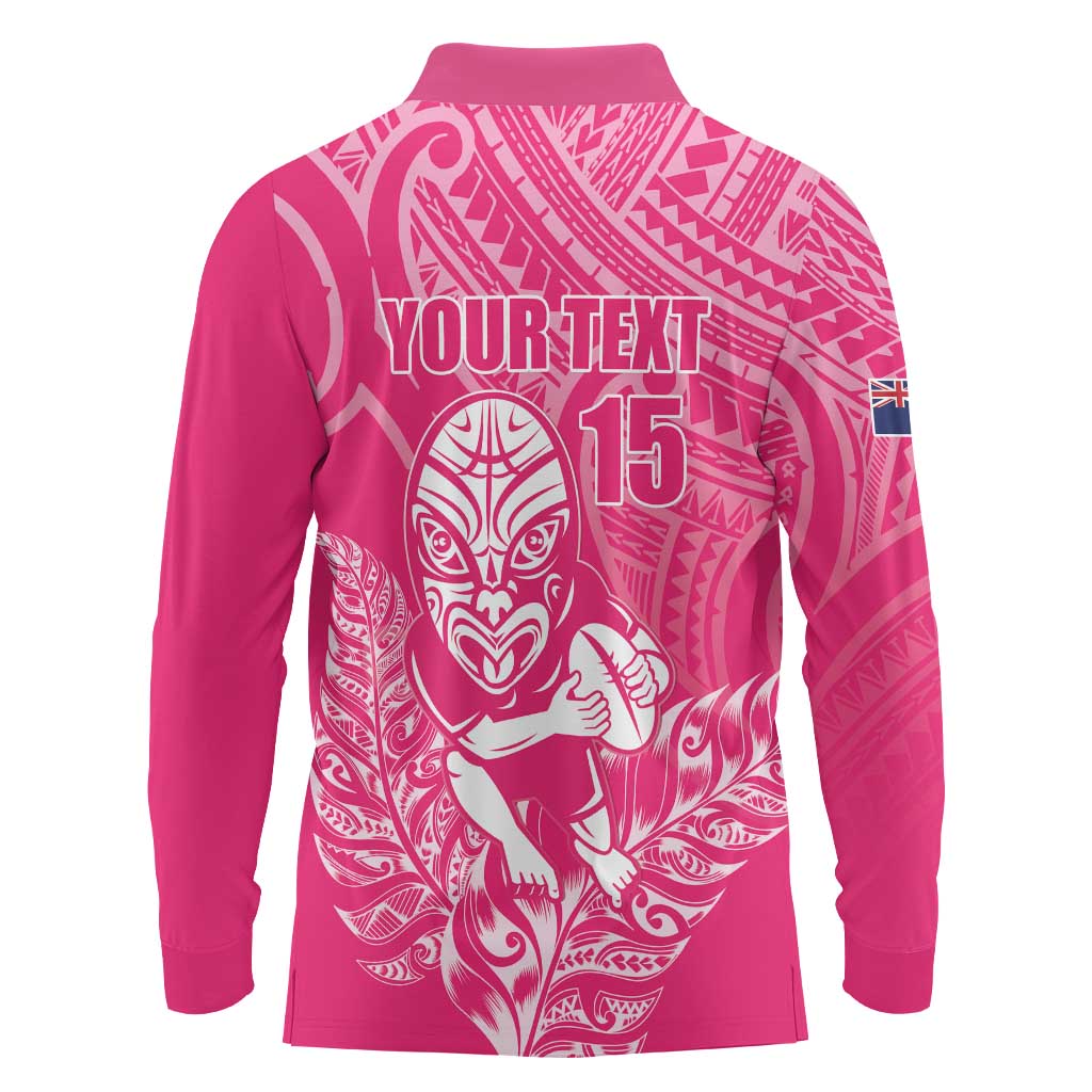New Zealand Silver Fern Rugby Custom Long Sleeve Polo Shirt Maori Tiki Pink Version