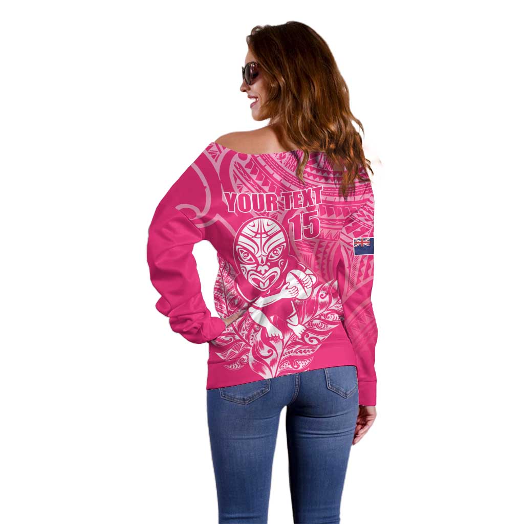 New Zealand Silver Fern Rugby Custom Off Shoulder Sweater Maori Tiki Pink Version