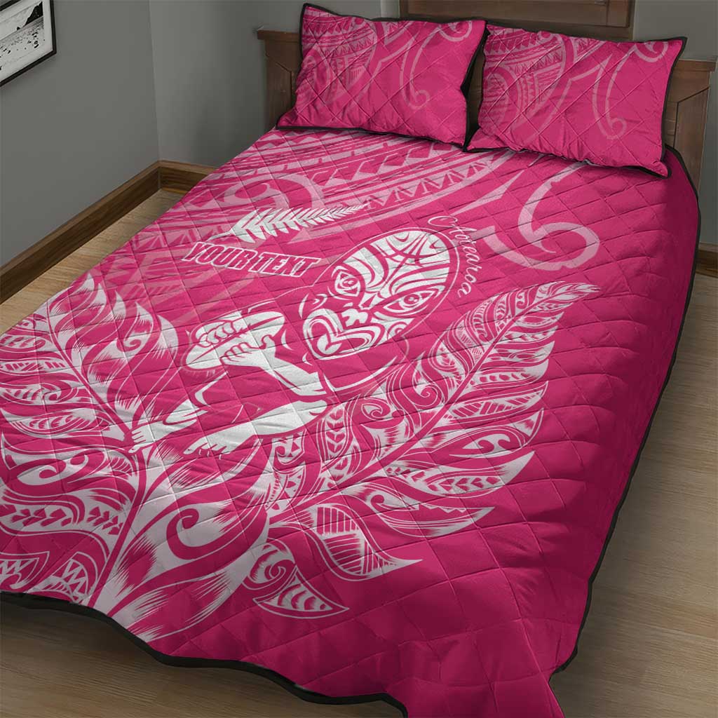 New Zealand Silver Fern Rugby Custom Quilt Bed Set Maori Tiki Pink Version