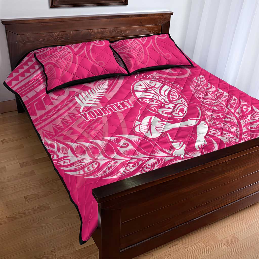 New Zealand Silver Fern Rugby Custom Quilt Bed Set Maori Tiki Pink Version