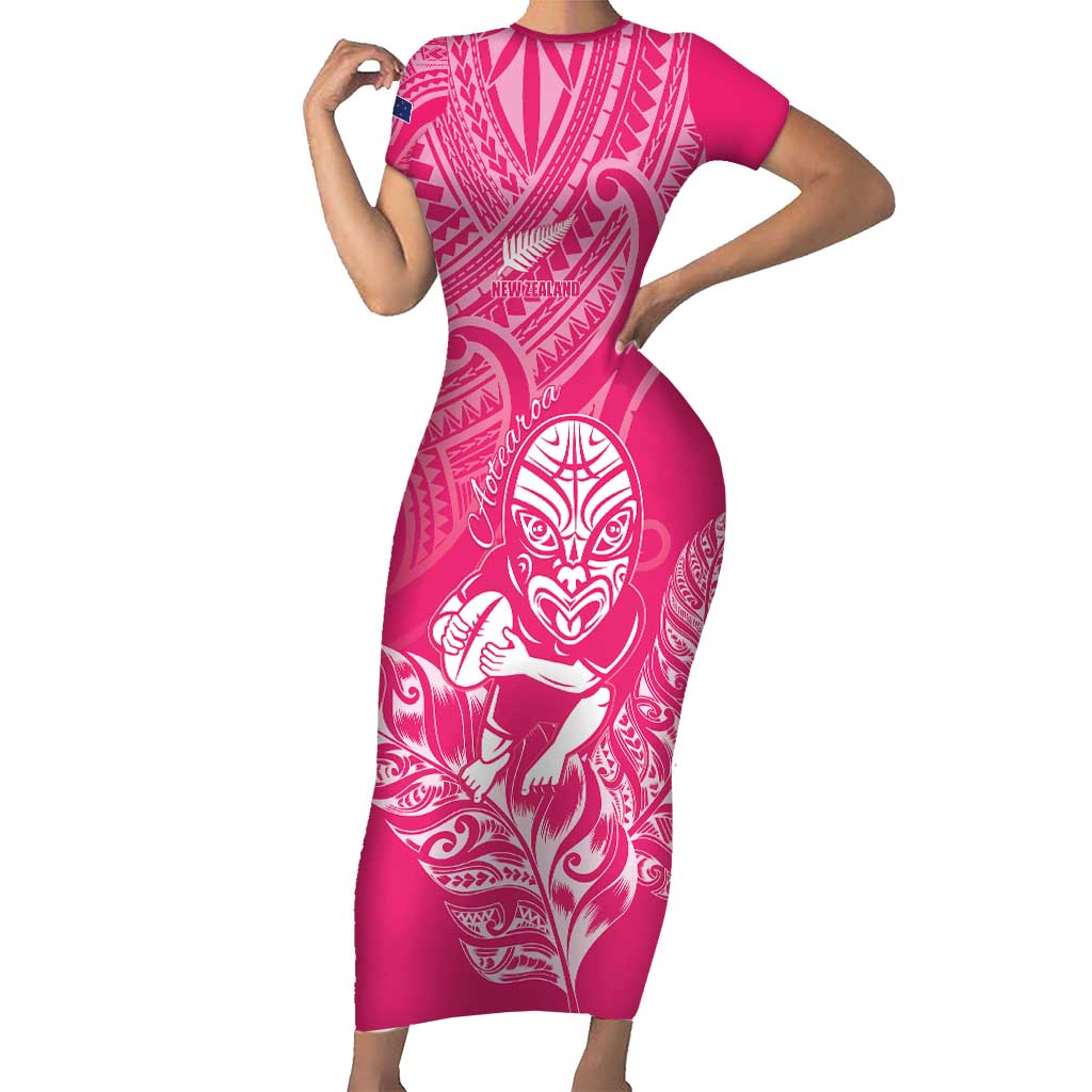 New Zealand Silver Fern Rugby Custom Short Sleeve Bodycon Dress Maori Tiki Pink Version
