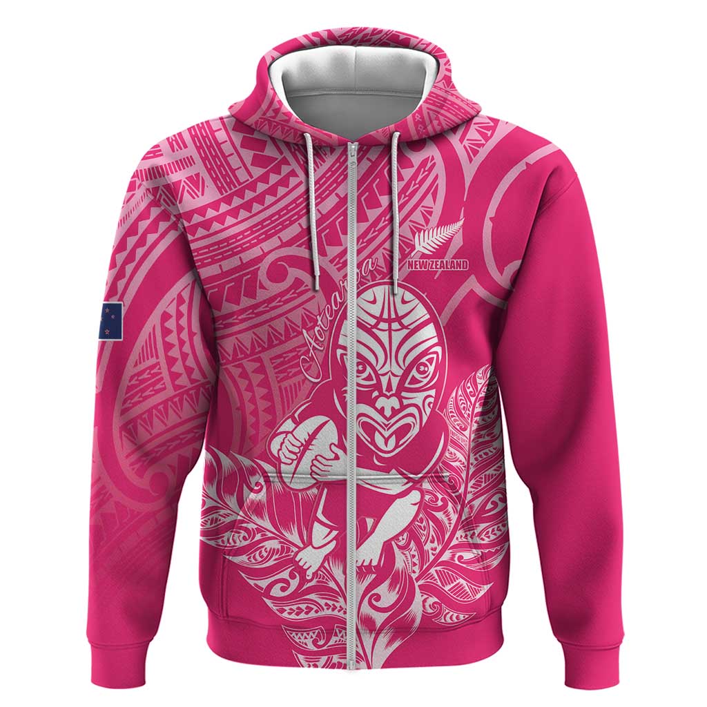 New Zealand Silver Fern Rugby Custom Zip Hoodie Maori Tiki Pink Version