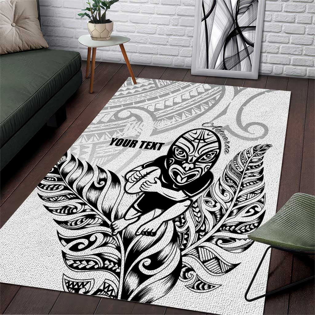 New Zealand Silver Fern Rugby Custom Area Rug Maori Tiki White Version